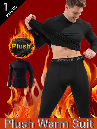 1 pieza Ropa interior térmica para hombre, forrada de térmico, gruesa, unicolor de cuello redondo de manga larga, adecuada para clima frío, actividades al aire libre, esquí, invierno