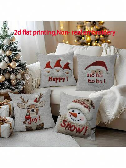 4 件圣诞装饰印花枕套，带有圣诞元素抱枕套，适用于房间、卧室、节日、派对装饰（无枕芯）（单面印花）（无刺绣）