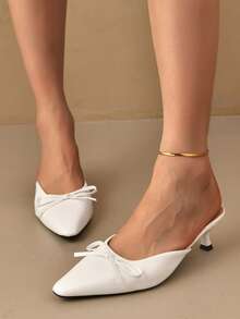 女士白色高跟凉鞋，时尚蝴蝶结细高跟鞋，优雅淑女风格，露趾穆勒鞋，夏季一脚蹬鞋 - 白色 - 查看 3