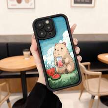 Watermelon Hamster Design Black Edge Phone Cover, Light Blue With Animal Drinking Watermelon Juice Illustration, Ideal For Daily Use In Cafes And Casual Spaces Suitable For Apple Series Phones - Burgundy - View 1