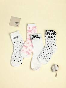 4-Pack Of Women's Mid-Calf Socks With Bow Pattern, Soft And Comfortable, Black And White Color Scheme, Suitable For All Seasons. - 彩色 - 查看 9
