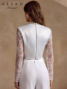 A&A 奢华刺绣亮片网纱拼接透视白色长袖上衣，优雅日常穿搭，复古风格，端庄得体，适合婚礼季、情人节、秋冬季、白色主题派对、老钱风格、宫廷风格、新年装扮，拉链上衣 - 白色 - 查看 6
