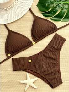 Butterfly Triangle Bikini With Removable Pads In Brown Ribbed - 鏽棕色 - 查看 1