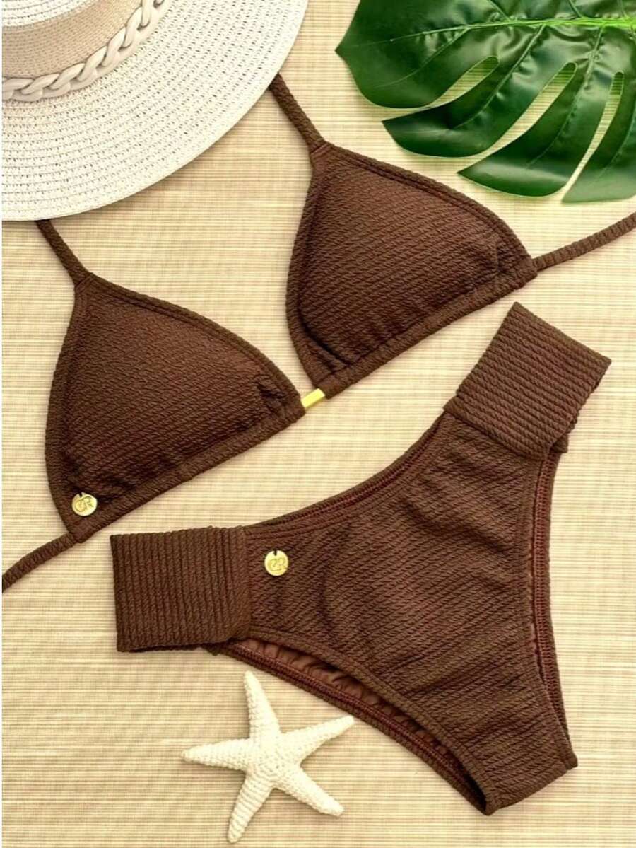 Butterfly Triangle Bikini With Removable Pads In Brown Ribbed - 鏽棕色 - 查看 1