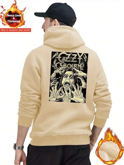 Osbourne,  Classic Rock Art Pattern Hoodie For Men, Classic Fleece-Lined Hooded Sweatshirt, Basic Autumn And Winter Warm Loose Casual Hooded Top, Versatile Everyday Pullover Hoodie