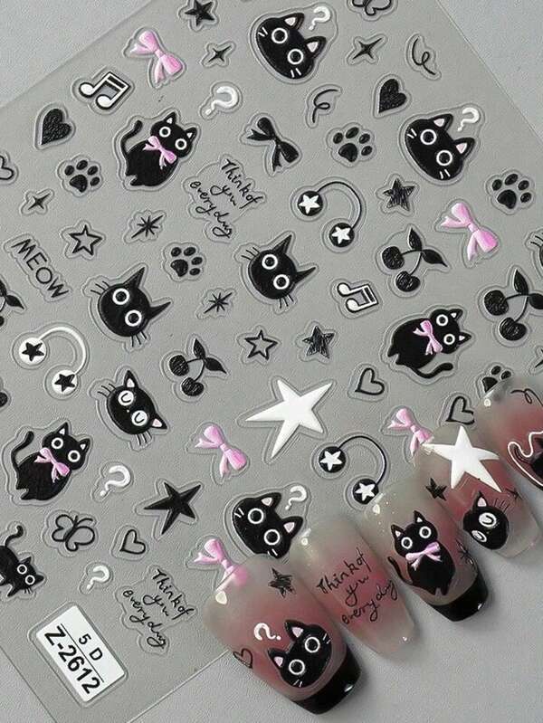 Kawaii Little Black Cat Nail Stickers Cartoon Cute Cat Stars Letters Nail Sliders Korean Japanese Nail Art Manicure Decors
