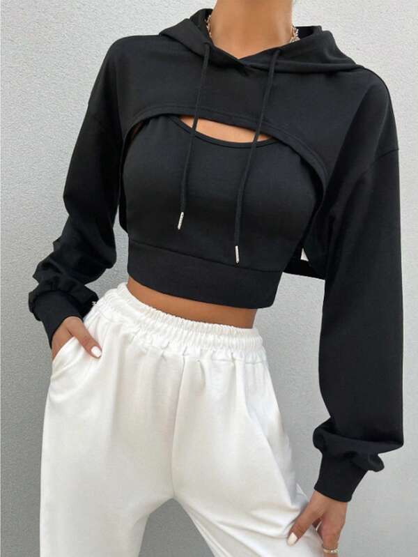 Women's Cropped Sweatshirt, Drawstring Hooded Sports Jacket, Suitable For Pairing With Sports Bras, Ideal For Outdoor Leisure, Running, Yoga, Tennis, Badminton Activities