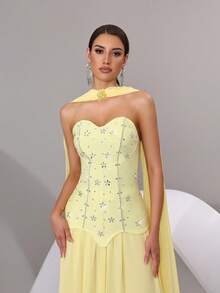 新款女士性感闪亮手工镶钻吊带长裙套装，露背修身长裙，优雅女士正式晚宴、婚礼、节日派对套装 - 黃色 - 查看 7