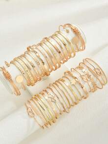 36/12/7 piezas Conjunto de pulseras para mujer, Vintage Fashion de alta calidad, elegante asimétrico con diseños de flores, lazos, estrellas, martillado, hexágonos, trenzado. Adecuado para citas, vacaciones, uso diario, fiestas, regalo de aniversario - Amarillo Oro - Ver 2