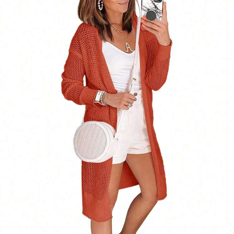 Women's Summer Boho Open Front Cardigan Lightweight Knit Sheer Long Sleeve Kimono Style Sweater - Gạch đỏ - Xem 2