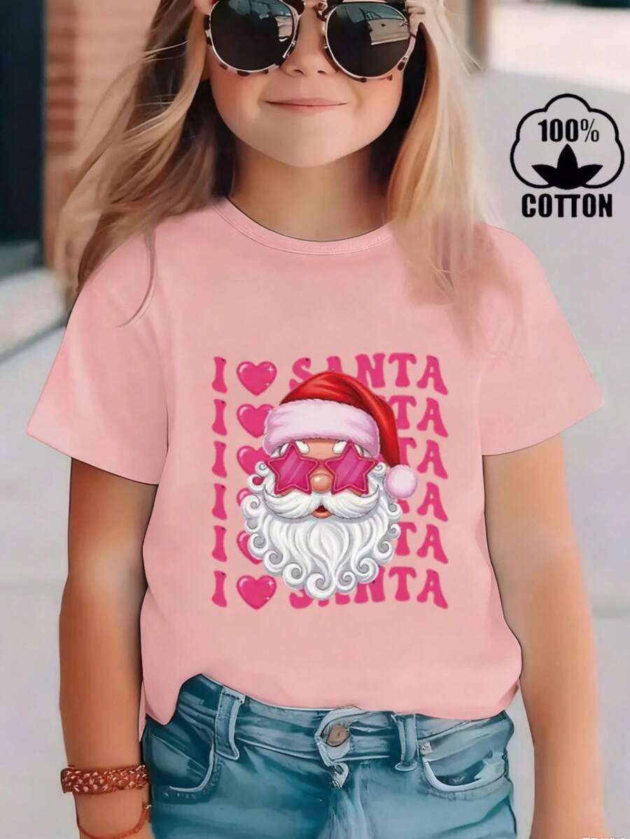 Esta nueva y moderna camiseta de manga corta 100 % algodón para niña luce un estampado navideño. Esta camiseta holgada, informal y versátil está confeccionada con un tejido suave y agradable para la piel de tu bebé. Ya sea para una reunión familiar, un evento escolar o una salida para jugar al aire libre, esta camiseta permite que tu hija se mueva con libertad y comodidad. - Rosa - Ver 1