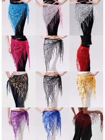 肚皮舞亮片流苏三角巾表演臀巾，波西米亚领带腰链腰裹练习服装配饰。