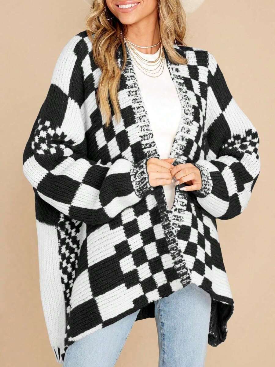 Womens Checkered Color Block Plaid Cardigan Oversized Knit Sweater Open Front Long Sleeve Coat - Đen và trắng - Xem 1