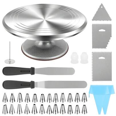 Huini Cake Turntable, Rotating Cake Stand, With 12 Inch Aluminium Alloy Rotating Turntable, Includes Palette Knife And Cream Scraper Accessories Etc. (Silver)