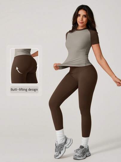 NcmRyu 1 Set Women's Color Block Elastic Crew Neck Short Sleeve Pants Sports Suit Summer