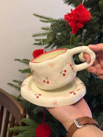 1pc/1set, Handpainted Cherry Ceramic Coffee Cup & Saucer, High-Quality Bowknot Cup & Saucer, French Asymmetrical Red Rimmed Coffee Cup, American Espresso Latte Cup, Dessert Plate, Fruit Plate, Office Mug, Home Water Cup, Breakfast Cup, Gift For Girls