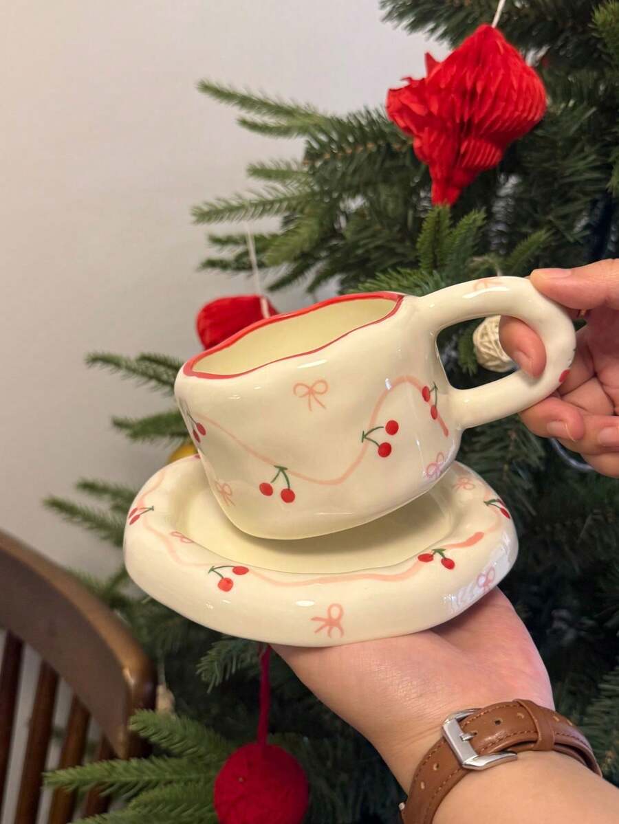 1pc/1set, Handpainted Cherry Ceramic Coffee Cup & Saucer, High-Quality Bowknot Cup & Saucer, French Asymmetrical Red Rimmed Coffee Cup, American Espresso Latte Cup, Dessert Plate, Fruit Plate, Office Mug, Home Water Cup, Breakfast Cup, Gift For Girls - Multicolor - View 1