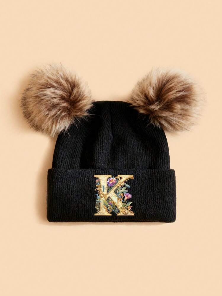 1pc A-Z Letter Print Knit Beanie Hat For Kids, Soft & Comfortable Double Pom Pom Knitted Cap, Suitable For Boys & Girls Outdoor, Back To School, Autumn/Winter Warm Wear - Multicolor - View 23