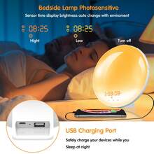 This Wake-Up Light Sunrise Alarm Clock Is Designed For Deep Sleepers And Bedrooms. It Features Sunrise And Sunset Simulation, Sleep Aid, Dual Alarms, Snooze Function, Night Light, Daylight Mode, 7 Colors, And 7 Natural Sound Effects, Making It An Ideal Gift Choice.