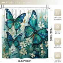 1/4 Set Green & Blue Butterfly Pattern Bathroom Curtain Set, Includes Anti-Slip Rug, White Floral Painting Bohemian Style Bathroom Set, Bath Rug, Bath Mat And Toilet Mat - Multicolor - View 4