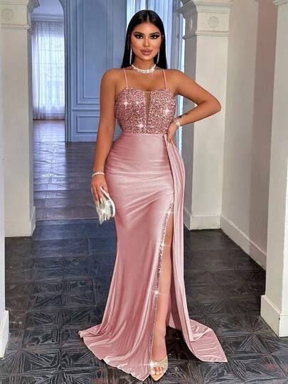 CHOSMO Prom Dress, High Waist Backless Sequin Splice Long Formal Gown With Side Slit And Satin Sash, Elegant For Valentine's Day, Christmas, Formal Occasions Wedding Spring Party