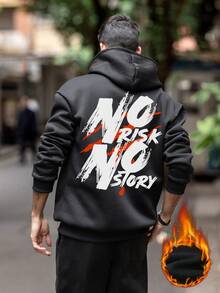 K-GLORY Men's "No Risk No Story" Slogan Print Thermal Lined Hoodie, American Street Style, Autumn/Winter - Black - View 2
