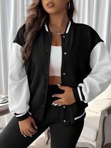 Stylish Women's Two Tone Baseball Collar Bomber Jacket Casual Regular Fit Long Sleeve Outerwear - 黑色 - 查看 1