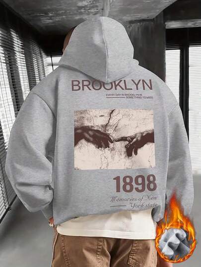  Zrgoth 男士布鲁克林主题印花连帽衫，带口袋，秋冬款