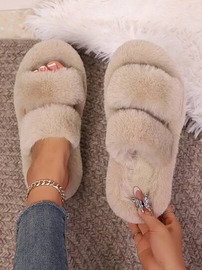 Plus Size Women's Classic Round Toe Slip-On Slippers, Comfortable & Versatile, 2-Strap Plush Lining, Warm & Soft, Easy Slip-On, Thick Sole, Ideal For Indoor, Vacation, Casual Wear, Simple & Elegant, Increase Height, Beige Plush Open Toe Flat House Slippers,Fluffy Slippers