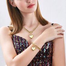 Silver 18k Gold Gold Plated Charm Chunky Stainless Steel Chain Heart Toggle Choker Bracelet Necklace Set Womens Fashion Valentine Jewelry Set - 不銹鋼 - 查看 7