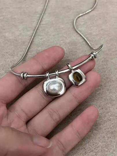 Korean Fashion Vintage Geometry Tigereye Stone Faux Pearl Pendant Silver Color Snake Chain Choker Necklaces For Women Jewelry