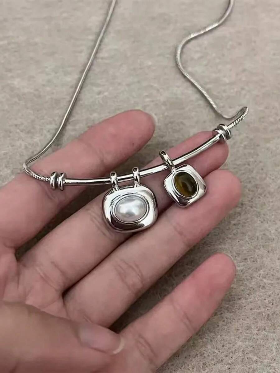 韩国时尚复古几何虎眼石仿珍珠吊坠银色蛇形链颈链女士珠宝 - 銀色 - 查看 1