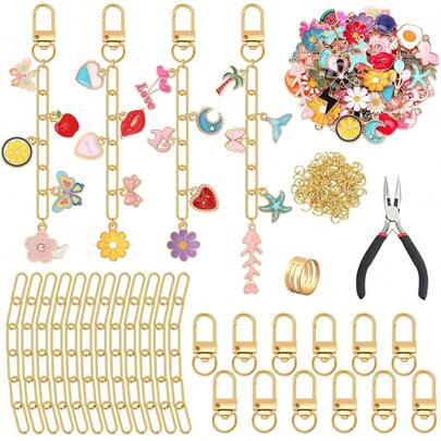 42 piezas/62 piezas Kit de fabricación de llaveros DIY, accesorios creativos y de moda para hacer llaveros DIY, adecuado para regalos de vacaciones