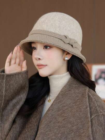 1pc Women's French Elegant Wide Brim Bucket Hat, Wool Felt Fabric, Bow Decor, Vintage Chic, Versatile For Weddings, Art Exhibitions, High-End Dates, Holidays, Important Occasions, Classic Style, Suitable For Spring, Autumn, Winter
