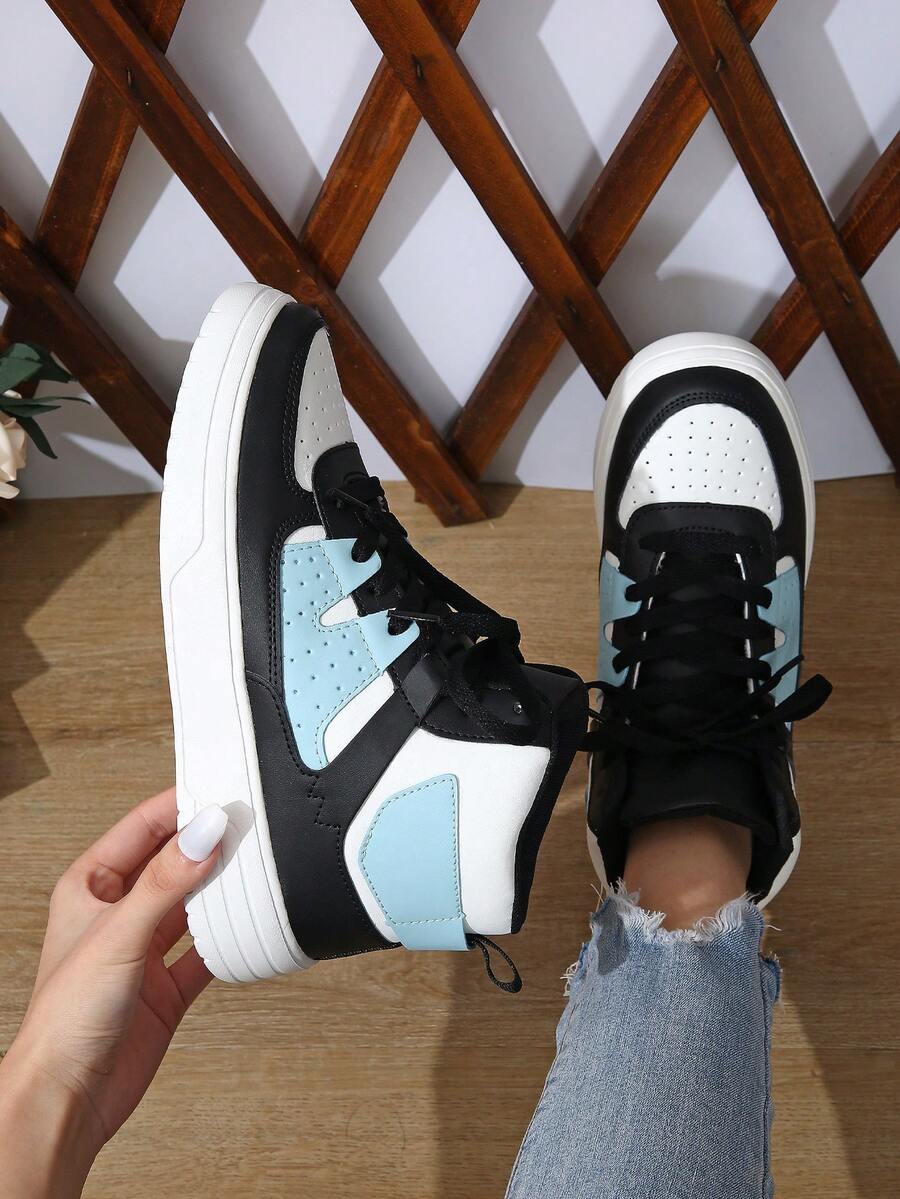 BAOLIANGXIONG Color Block Casual Student Sneakers, Sport Shoes Women's Casual Sports Shoes, Fashionable Sneakers With Thick Soles, Low-Cut Lace-Up White Black Blue Shoes, Outdoor Shoes - Giày cao cổ White Black Moon - Xem 1