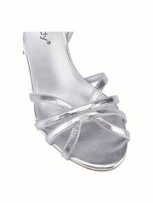 Women Chunky Heel Strappy Platform Heels Square Open Toe Heeled Sandals Ankle Strap Block Heel - Silver - View 4