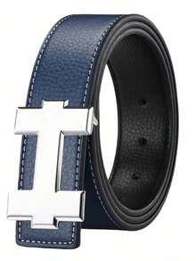 MMJ Finswift Luxury Men's Silver H Letter Smooth Buckle Belt, Fashion Casual Versatile Jeans Belt, Suitable For Work And Daily Wear