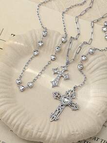 1pc Silver Heart Chain Cross Pendant Necklace, Y-Shaped Layered Cross Jewelry Set - Silver - View 2