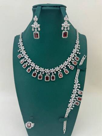 5 件奢华珠宝套装：粉色方形项链、绿色方晶锆石吊坠项链、耳环、戒指、手链 - 适合中东派对、婚礼、正式活动、日常佩戴