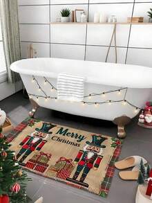 1 szt. świąteczna wycieraczka, wykonana z poliestru, z motywem dziadka do orzechów, do układania prezentów, do użytku wewnątrz i na zewnątrz, zmywalna, antypoślizgowa, odpowiednia do sypialni, przedpokoju, patio, jako rekwizyt fotograficzny, dekoracja świąteczna