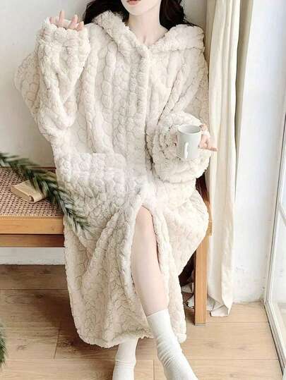 女士纯色提花休闲睡袍，保暖连帽宽松长袖法兰绒浴袍，适合秋冬季节，带口袋，可作睡衣穿着。