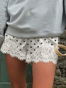Women Y2k Satin Silk Lace Trim Shorts Polka Dot Lace Floral Patchwork Silky Slip Shorts Comfy Pajamas Bottoms Satin Pettipants French Knickers Casual Lounge Pj Silk Shorts - trắng - Xem 4