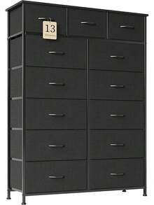 BURN Cómoda de 13 Cajones para Dormitorio, Cómoda de Tela con Tapa de Madera y Estructura de Acero, Mueble de Almacenamiento con Cajones de Tela para Dormitorio, Salón, Pasillo(Negro) - 1 - Ver 2