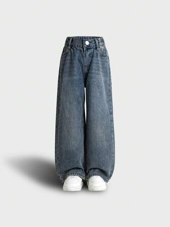 男童复古风阔腿牛仔裤，经典简约设计，适合多种场合，弹性腰带，宽松版型，百搭牛仔裤，四季皆宜