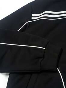 Men's Spring/Autumn Stand Collar Zipper Fashion Casual Piping Two-Stripe Loose Jacket Coat - Black - View 6