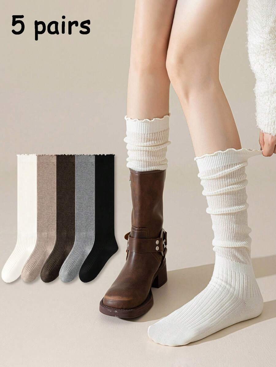 1/5 Đôi tất nữ thu/đông, kiểu Hàn Quốc đơn giản, viền bèo nhún màu trơn, dài đến bắp chân, đa năng cho phong cách Y2K, kết hợp với bốt đi xe, tất ấm áp - Nhiều màu - Xem 1