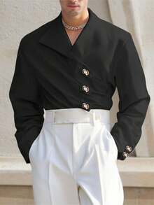 INCERUN Fashion Mens V-Neck Buttons Long Sleeve Pleated Party Casual Loose Blouse Office Work Solid Shirt Tops - 黑色 - 查看 1
