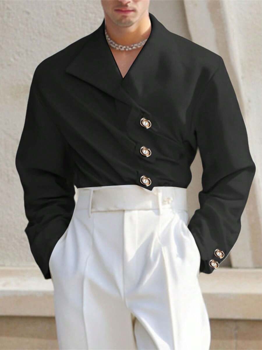 INCERUN Fashion Mens V-Neck Buttons Long Sleeve Pleated Party Casual Loose Blouse Office Work Solid Shirt Tops - 黑色 - 查看 1