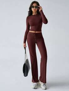 GAOVOT 女士两件套春夏 Y2K 运动休闲家居纯色修身长袖T恤和抽绳长裤套装 - 紫紅色 - 查看 5