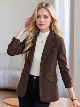 2025年秋冬新作 コーヒーカラー ウールブレザージャケット レディース、高級カジュアル 厚手ウールスーツ